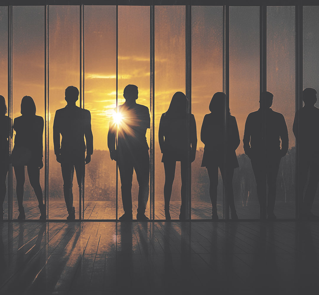 Board of Directors placeholder (teaser) silhouettes of people looking into a sunset