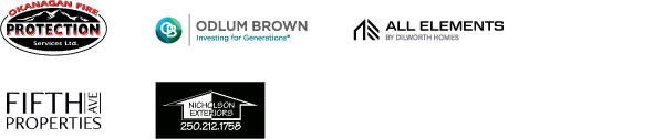 Okanagan Fire Protection Services Ltd, Odlum Brown, All Elements by Dilworth Homes, Fifth Avenue Properties, and Nicholson Exteriors.
