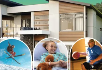 Dream home in the background with bubbles showing a child smiling in a hospital bed and another bubble with a man playing wheelchair basketball in a gym