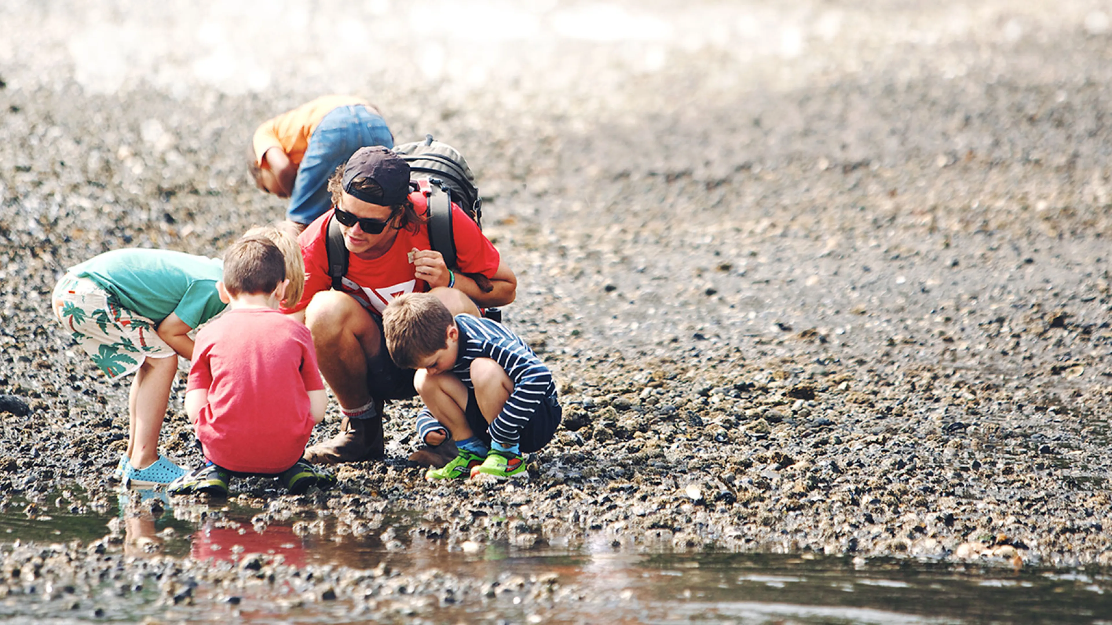 Y camp leader exploring nature with children