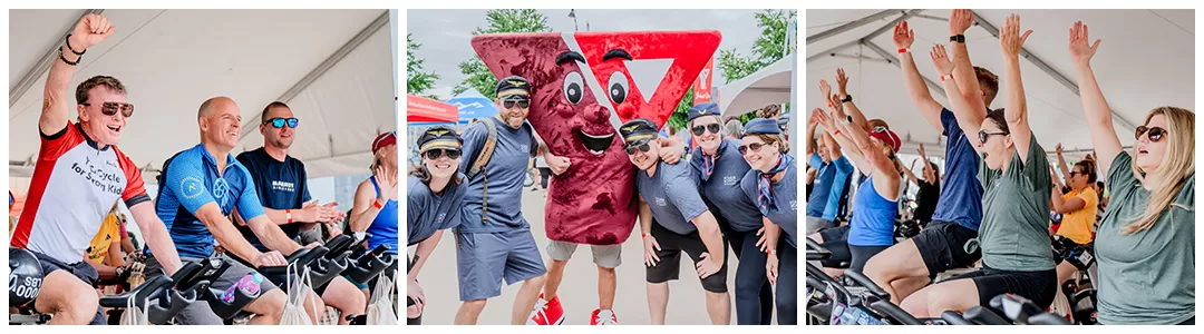 people having fun cycling and posing with Y Spirit mascot