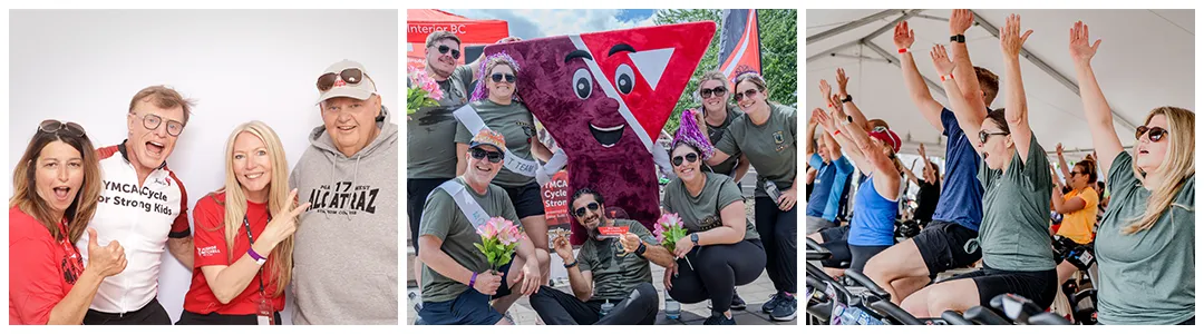 people having fun cycling and posing with Y Spirit mascot