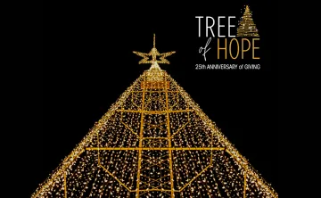 A large Christmas tree structure is lit up with golden lights and a golden star against a black sky. There is a logo in the top right corner that reads 'Tree of Hope, 25th Anniversary of giving'.